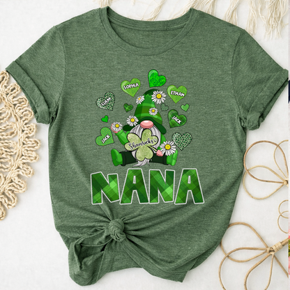 Nana Shamrock Shirt for St Patrick’s Day, Personalized Family Gnome T Shirt, for Grandma and Kids