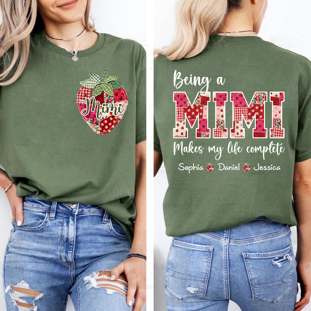 Custom Mimi Shirt with Grandkids Names, Personalized Strawberry Patchwork Tee for Grandma Nana Gigi, Cute Family Gift