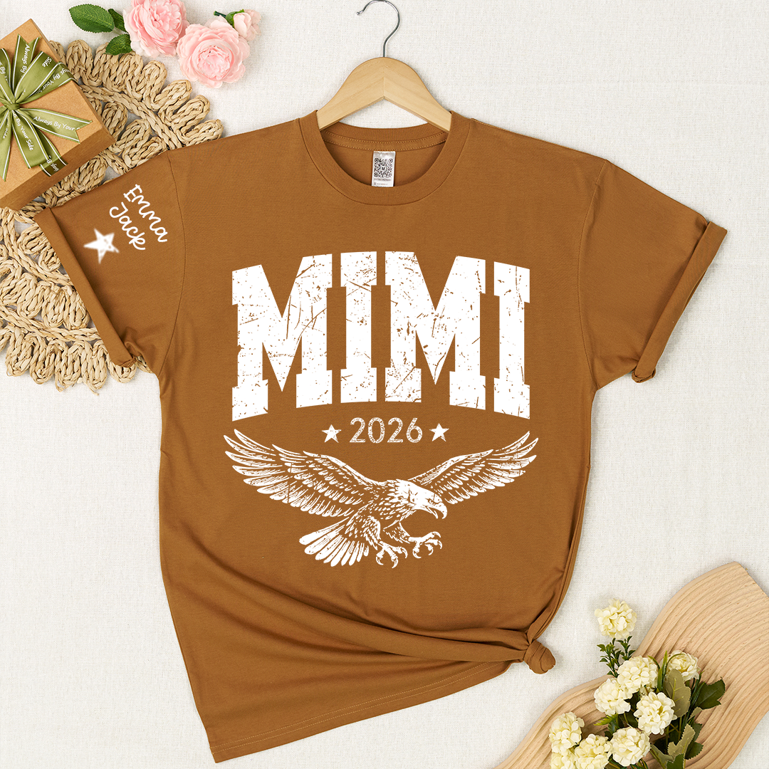 Personalized Grandma T-Shirt, Mimi Est, Custom Names On Sleeve Shirt with Eagle & Custom Names