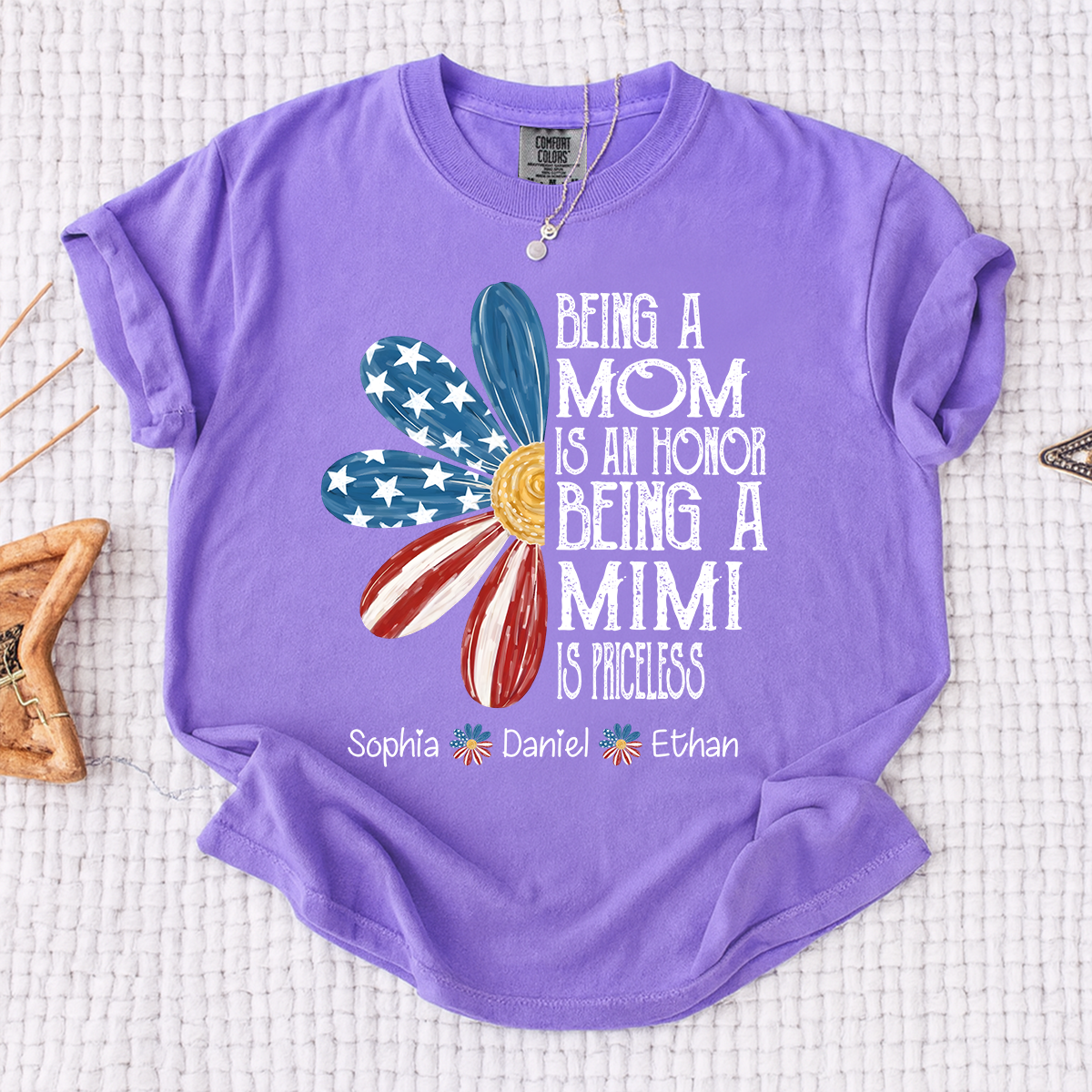 Comfort Colors Custom Mimi T Shirt with Grandkids Names USA Flag Daisy Graphic Being a Mom Is an Honor Mimi Is Priceless Family Name Personalized Apparel