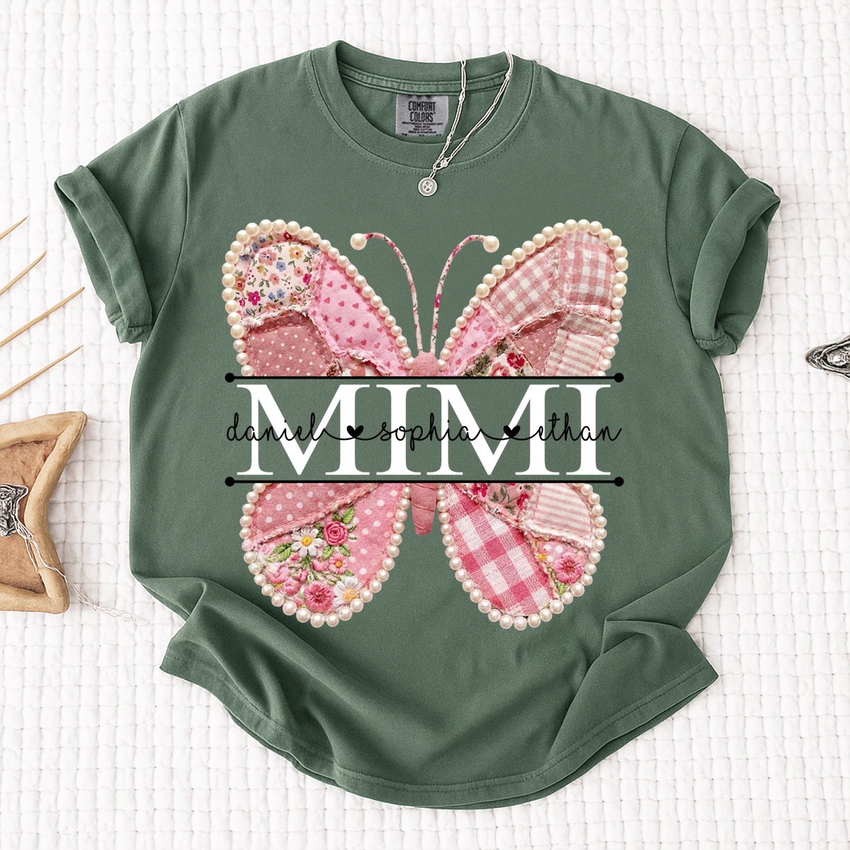 Comfort Personalized Mimi Shirt with Grandkids Names, Pink Butterfly Patchwork Design Family Tee