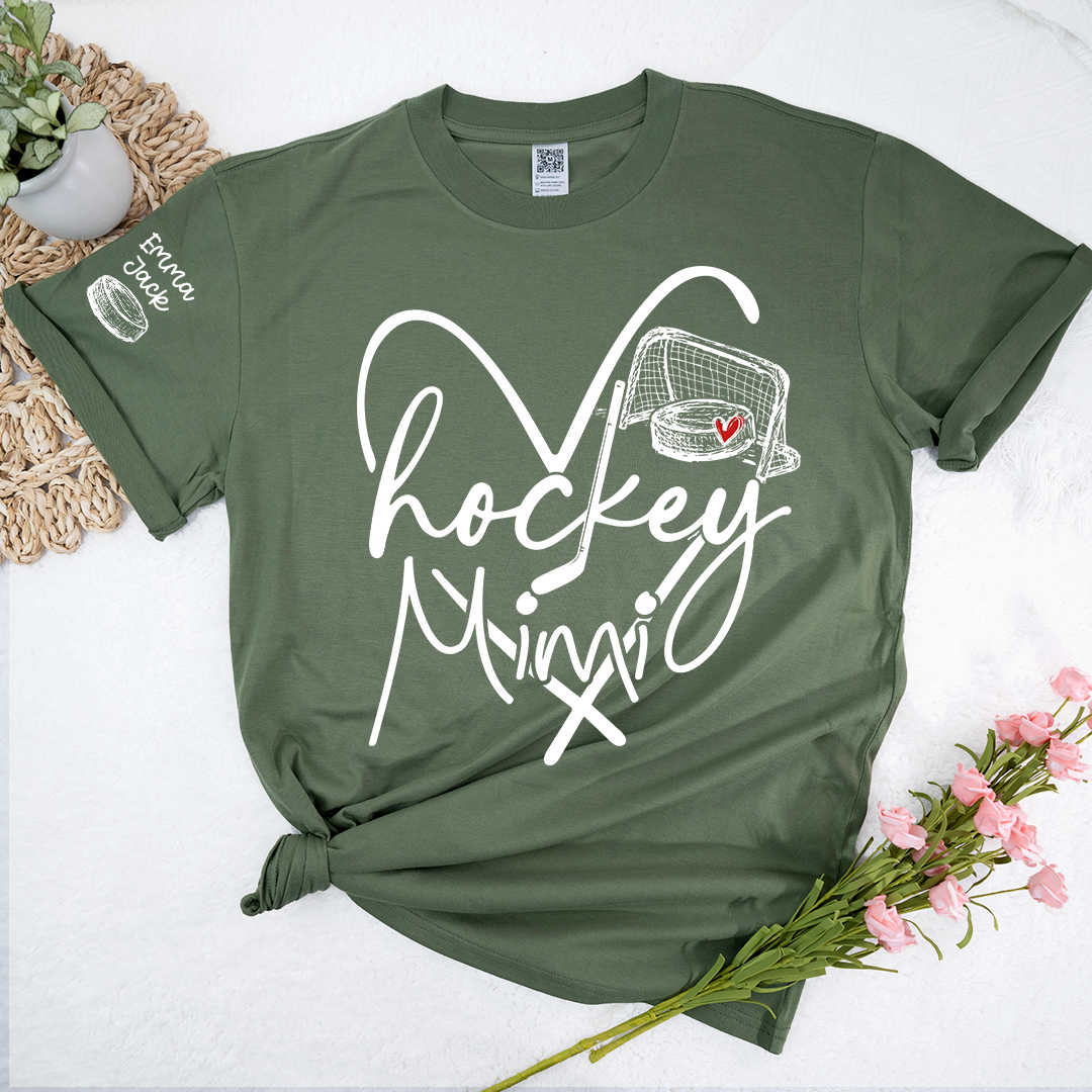 Hockey Heart Mimi Family Shirt, Custom Names and Hockey Puck Design Personalized Tee