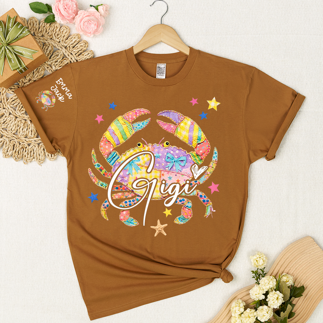Custom Mimi T Shirt, Personalized Grandma Shirt with Kids Names, Colorful Crab Beach Design Tee, Summer Gift for Mimi