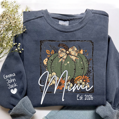 Mimi Pumpkin Shirt for Women, Floral Fall Bow Design Tee, Personalized Grandma T Shirt, Cozy Autumn Gift Idea