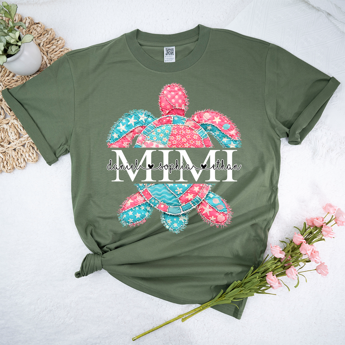 Custom Mimi T Shirt with Grandchildren Names, Colorful Patchwork Sea Turtle Graphic Tee, Beach Lover Gift for Women
