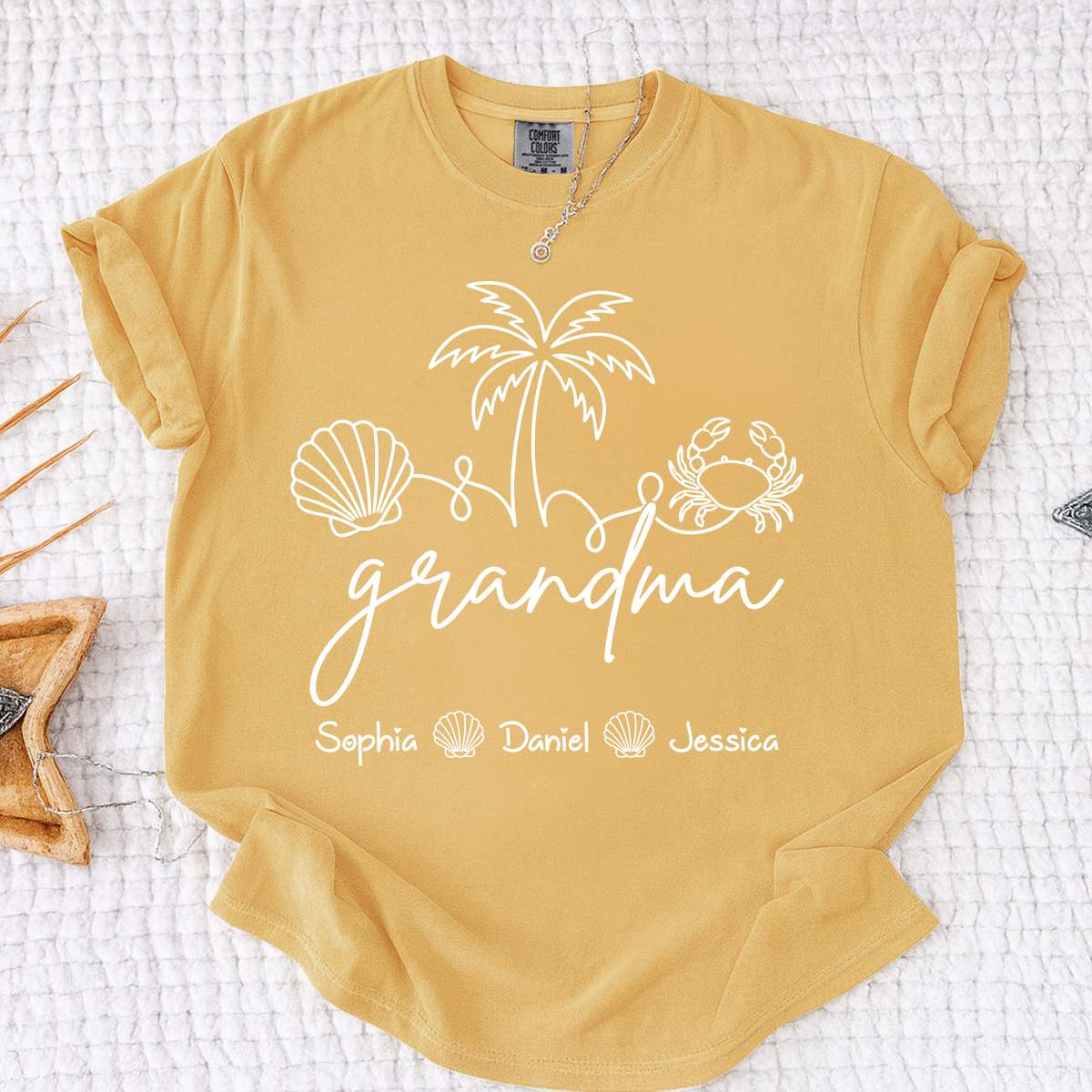 Comfort Colors Personalized Grandma Shirt with Grandkids Names, Custom Beach Line Art Tee, Palm Tree Shell Crab Family T-Shirt