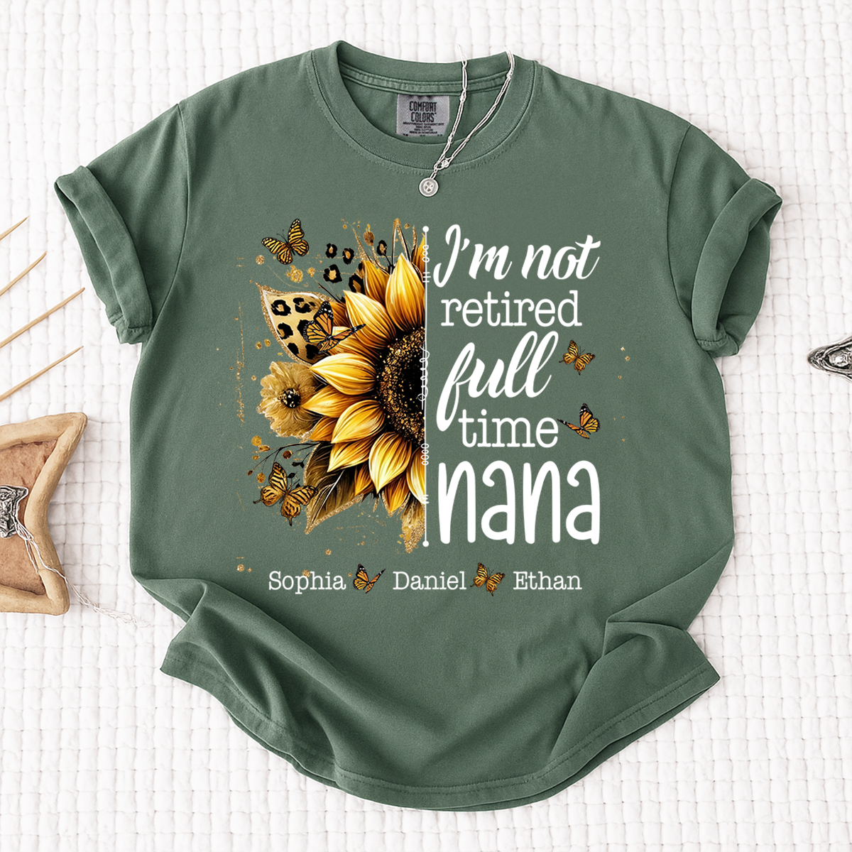 Comfort Colors Mimi Sunflower T-Shirt Personalized, I’m Not Retired Full Time Mimi with Custom Family Names