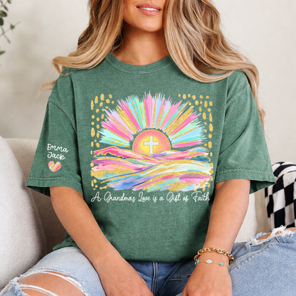 Faith Christian Grandma T-Shirt, Pastel Colorful Sunrise Cross Tee, Cute Personalized Gift for Grandma And Kids