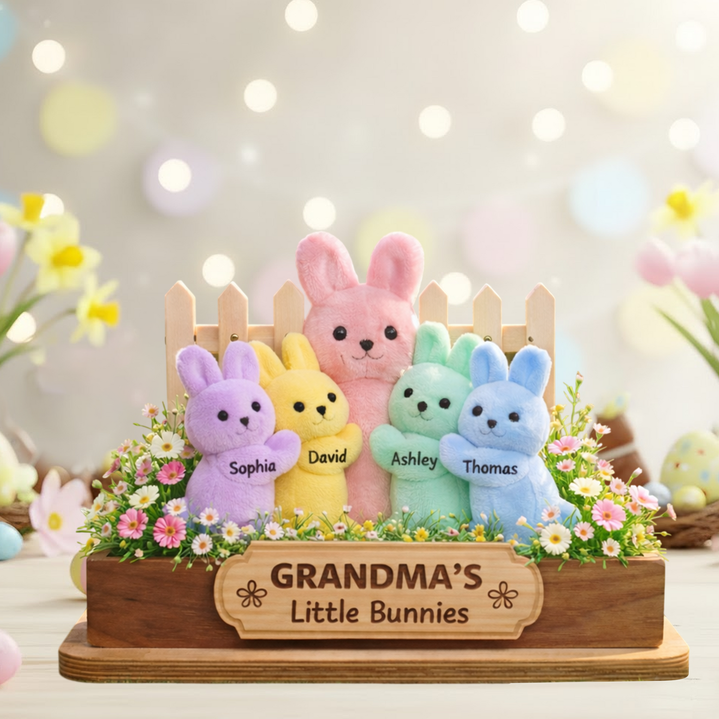 Personalized Easter Wooden Plaque - "Grandma's Little Bunnies" with Custom Grandkids' Names, Plush Bunny and Floral Design
