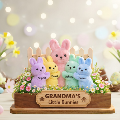 Personalized Easter Wooden Plaque - "Grandma's Little Bunnies" with Custom Grandkids' Names, Plush Bunny and Floral Design