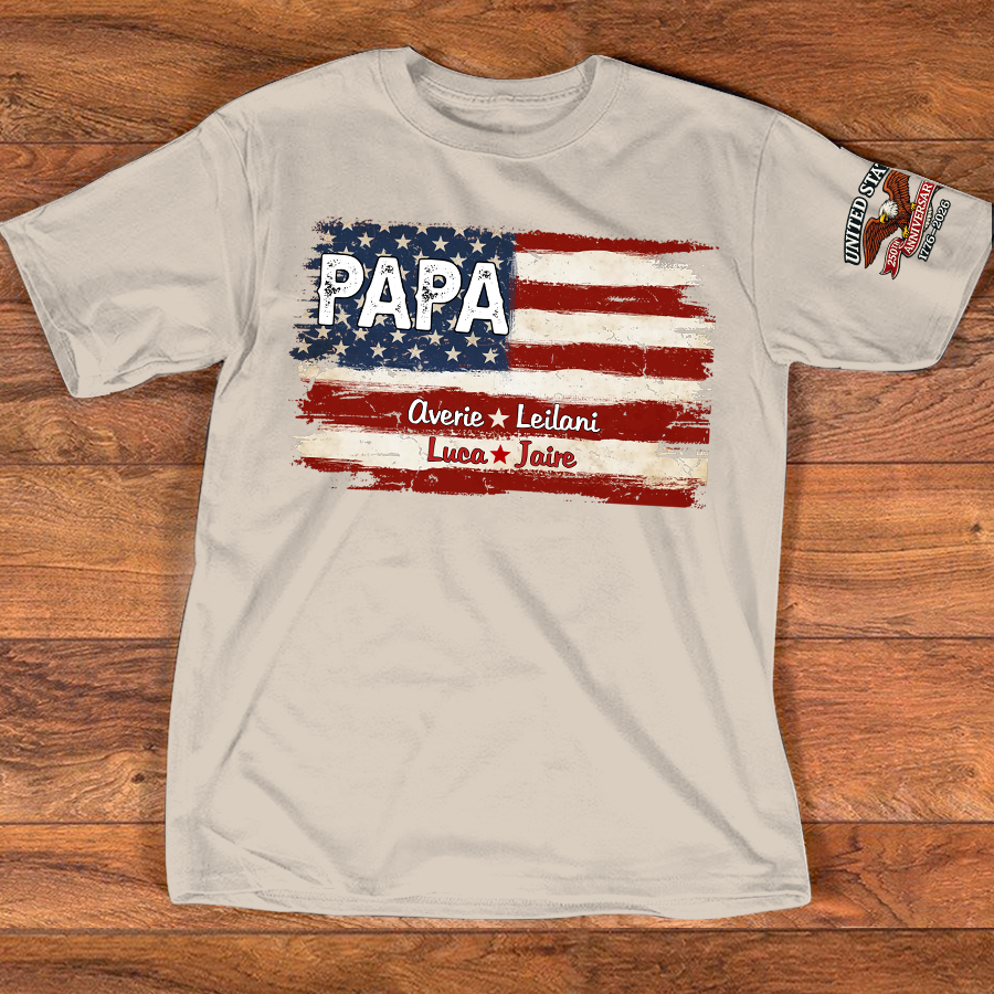 Custom Papa American Flag Shirt with Kids Names, Personalized Patriotic Papa T Shirt Family Gift