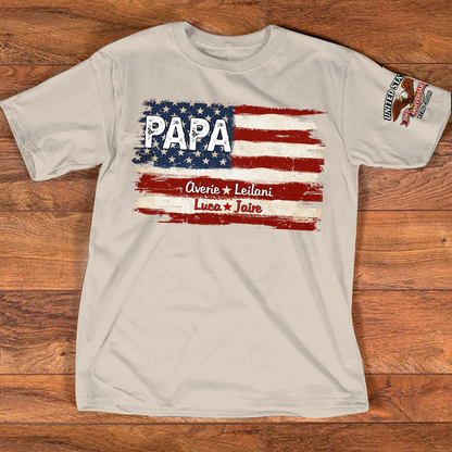 Custom Papa American Flag Shirt with Kids Names, Personalized Patriotic Papa T Shirt Family Gift