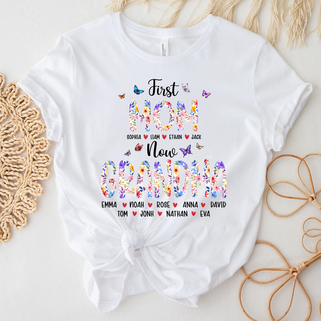First Mom I Love Grandma Shirt, Personalized Grandma T-Shirt with Custom Family Names
