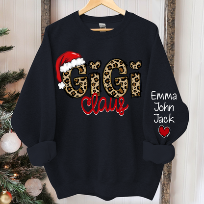 Personalized Gigi Claus Leopard Sweatshirt, Custom Grandma and Grandkids Sweatshirt