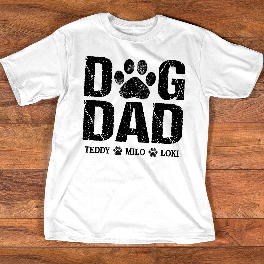Custom Dog Dad T Shirt, Paw Print Design, Personalized with Dog Names, Perfect Gift for Dog Lovers