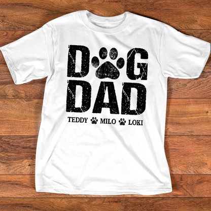 Custom Dog Dad T Shirt, Paw Print Design, Personalized with Dog Names, Perfect Gift for Dog Lovers