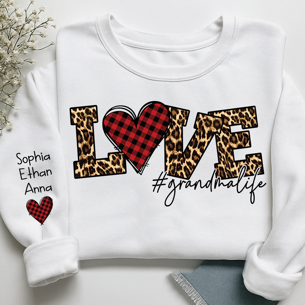 Grandma Sweatshirt Personalized with Names, Love Leopard Print Heart, Cozy Family Crewneck for Grandma