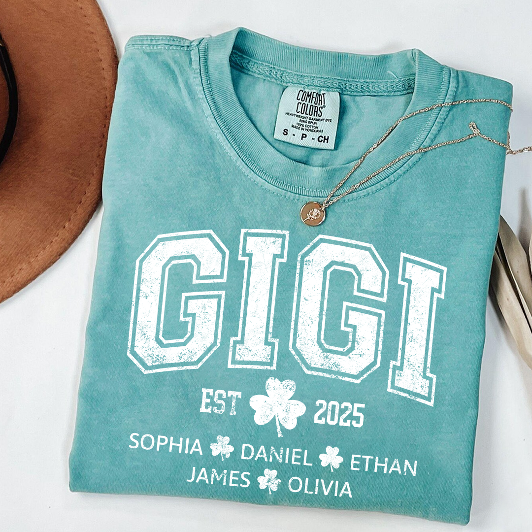 Comfort Colors St Patrick’s Day Gigi Shirt Est 2025, Custom Grandma T Shirt with Kids Names Shamrock Design