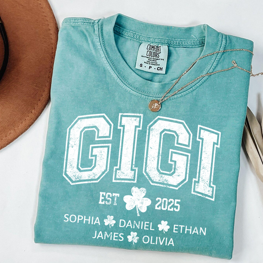 Comfort Colors St Patrick’s Day Gigi Shirt Est 2025, Custom Grandma T Shirt with Kids Names Shamrock Design