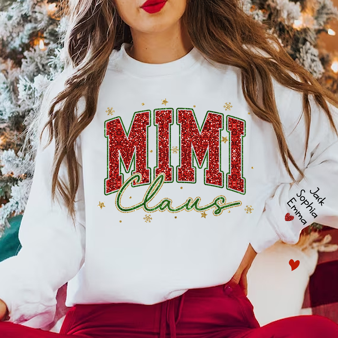 Personalized Mimi Claus Glitter Sweatshirt - Custom Christmas Sweater with Grandkids' Names - Festive Holiday Apparel for Grandmas