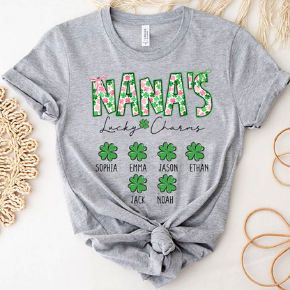 Nana’s Lucky Charms Shirt, Personalized St Patrick’s Day Shamrock Family T-Shirt