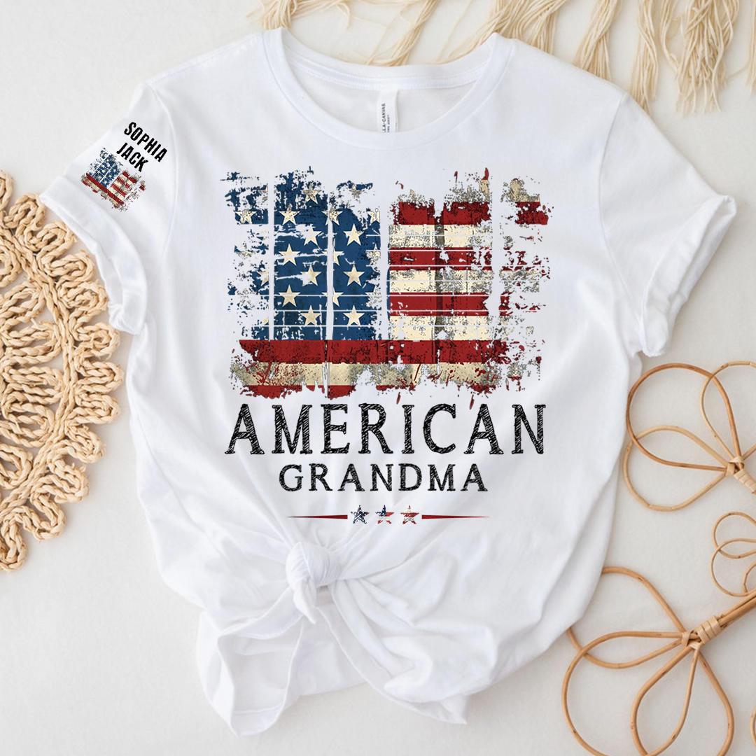 Personalized 4th of July Grandma T-Shirt, Distressed US Flag Gift for Grandmother