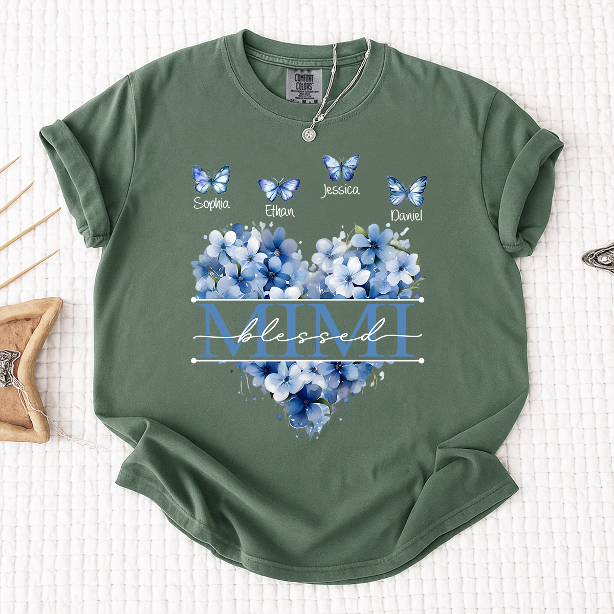 Comfort Colors Blessed Mimi T Shirt, Personalized with Kids Names, Heart Shaped Floral Design with Butterflies, Perfect for Mimi
