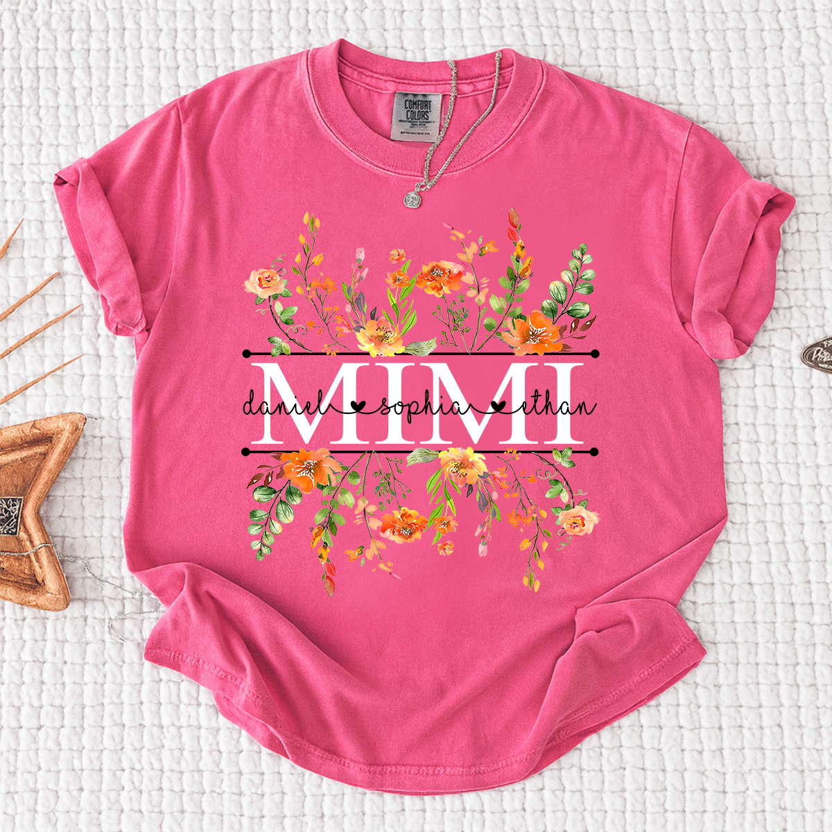 Comfort Colors Custom Mimi T-Shirt with Orange Wildflowers – Personalized Grandmother Gift Featuring Kids Names