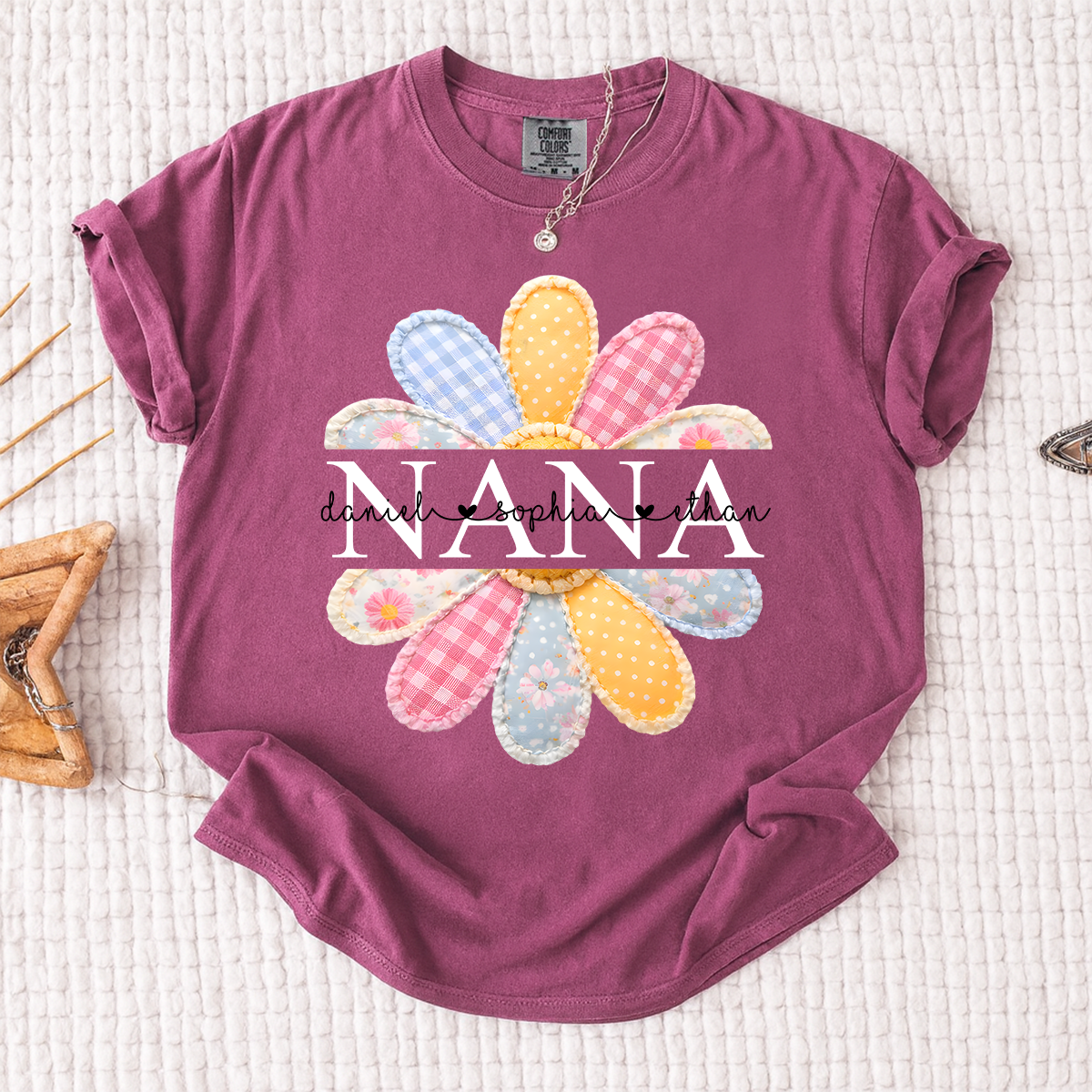 Comfort Colors Personalized Nana Shirt with Colorful Patchwork Daisy – Custom Grandma Gift with Grandkids  Names