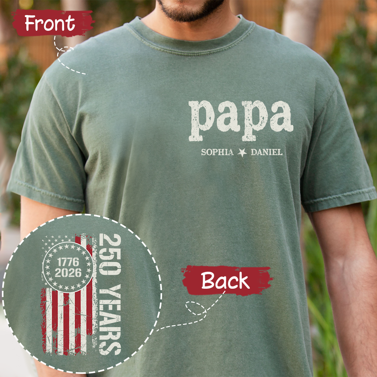 Papa Custom T Shirt, Personalized with Kids Names, Patriotic 250 Years of America Flag Design, Idea for Father’s Day