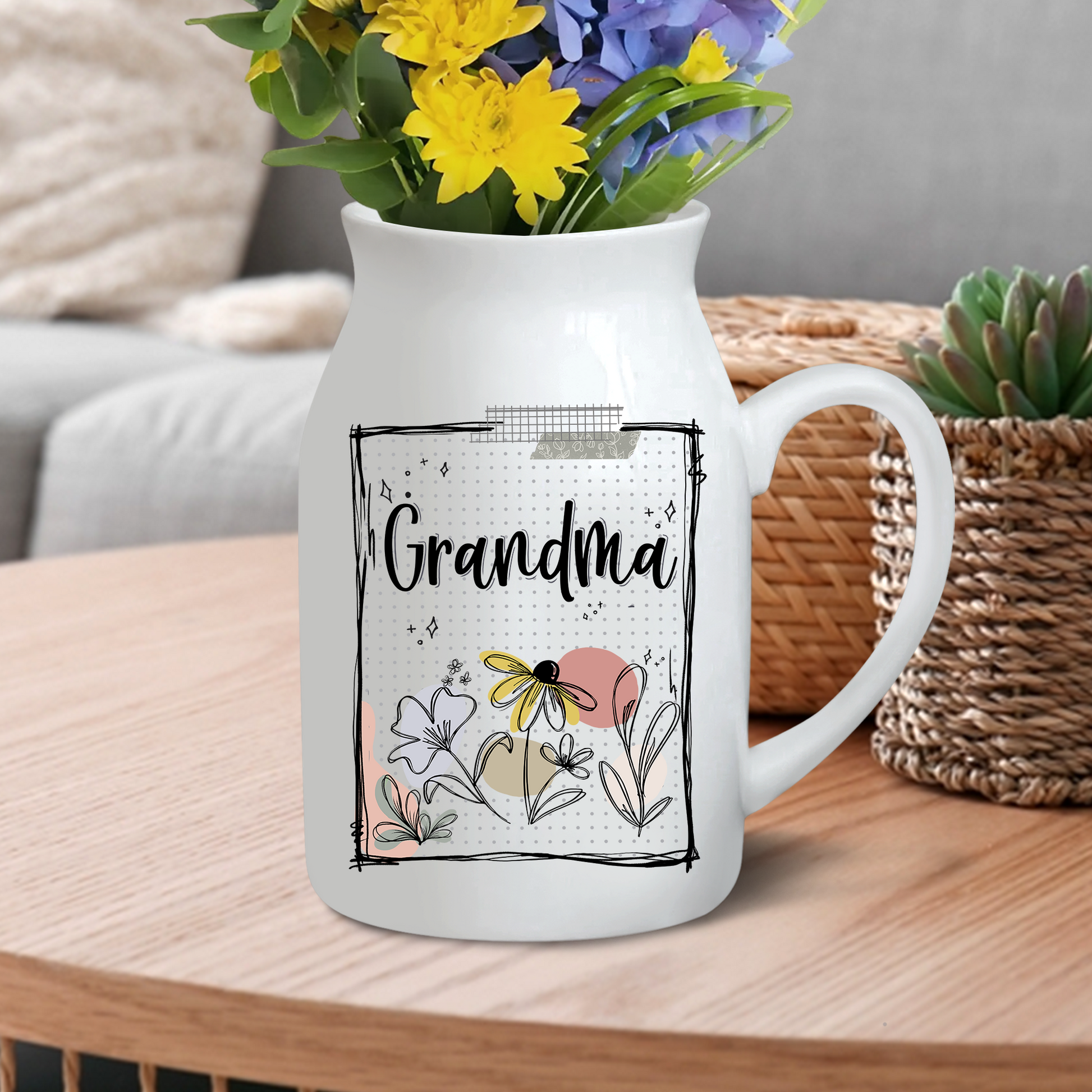 Nana Wildflower Doodles Fashion And Kids Life - Custom Home Decoration Flower Vase According To Family Requirements - Warm Gift For Mother's Day, Ceramic Flower Vase