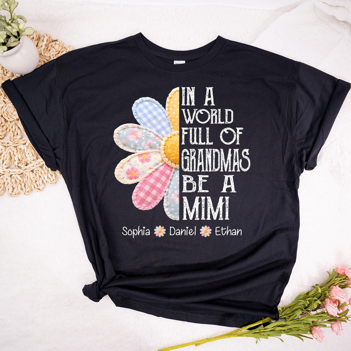 Custom Mimi T Shirt with Grandchildren Names, Vintage Patchwork Flower Graphic Tee, In A World Full of Grandmas Be a Mimi Shirt
