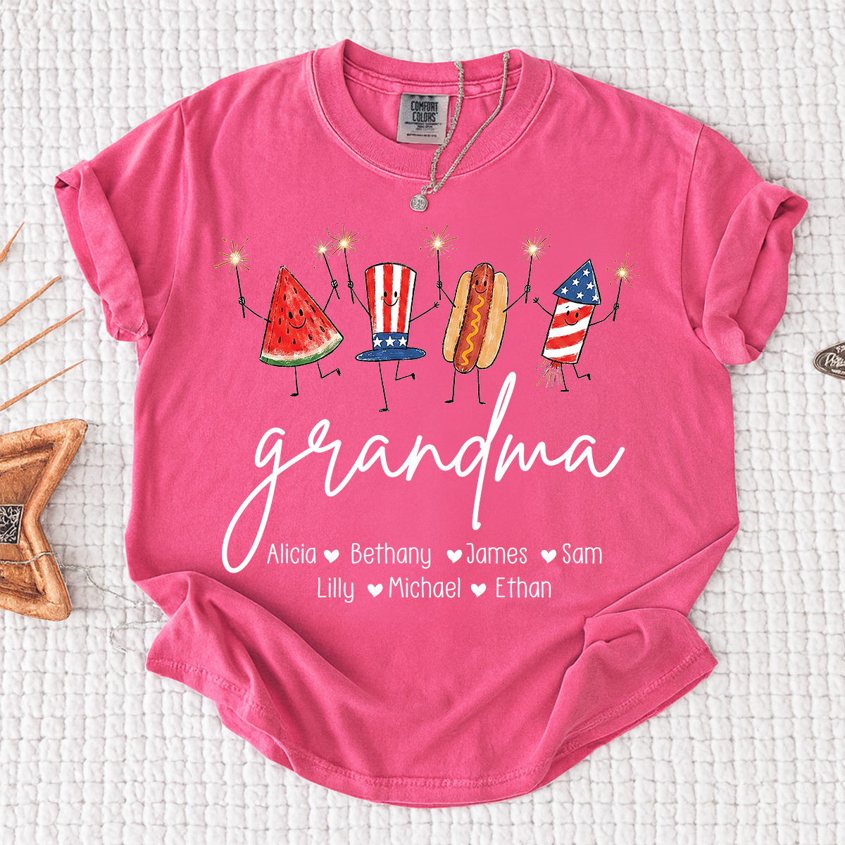 Comfort Colors® Personalized Grandma 4th of July Shirt with Grandkids Names, Patriotic Firecracker Family Tee, Custom Independence Day Grandma Gift