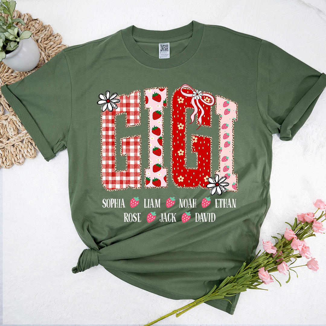 Gigi Personalized Grandma T-Shirt With Strawberry And Flower Motifs, Bearing Her Grandchildren's Names