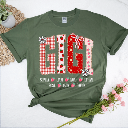 Gigi Personalized Grandma T-Shirt With Strawberry And Flower Motifs, Bearing Her Grandchildren's Names