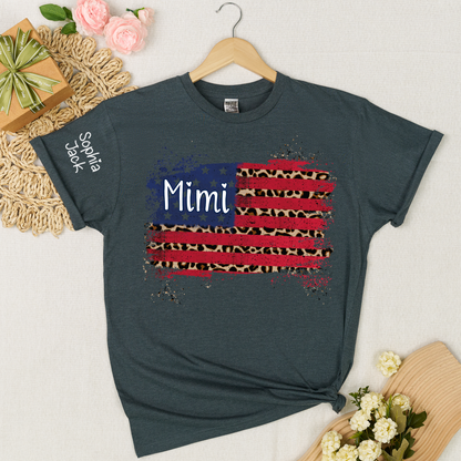 Personalized Mimi American Flag Shirt Leopard USA Flag Custom Kids Names T Shirt Patriotic Grandma Gift Fourth of July Family Matching Tee