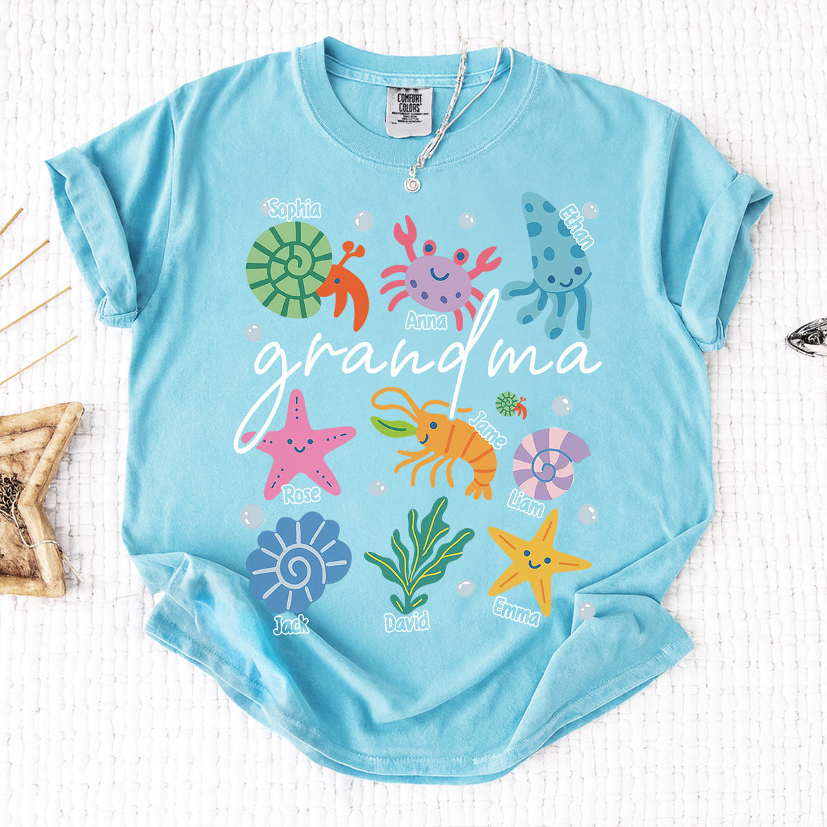 Comfort Colors® Personalized Grandma Sea Animals Shirt, Custom Grandkids Names Tee, Coastal Grandma Ocean Life T Shirt, Beach Gift for Grandma