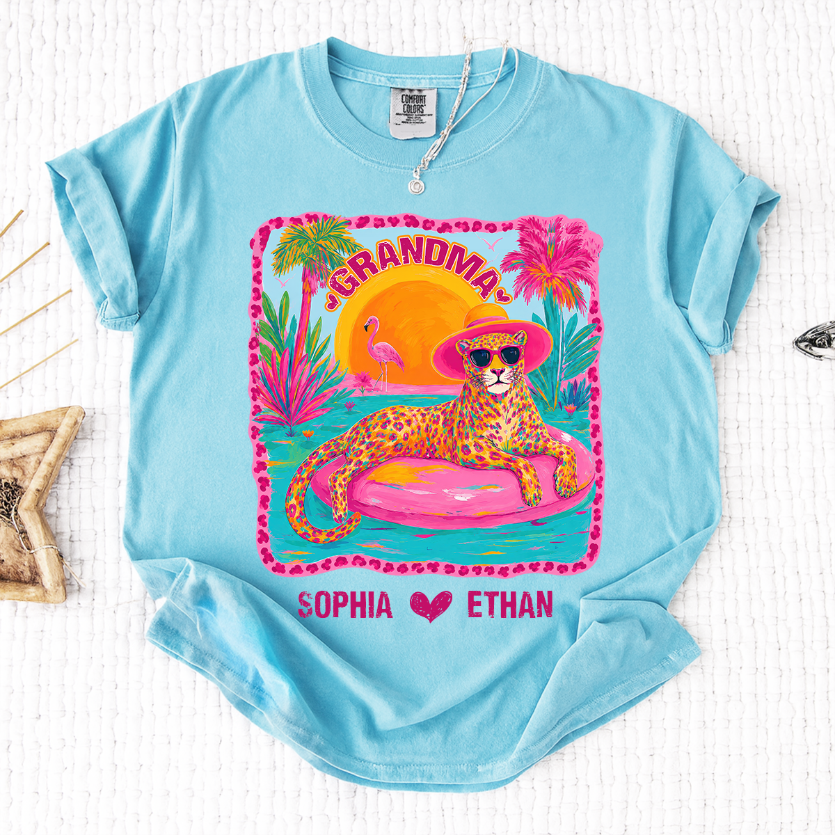 Comfort Colors® Custom Grandma Preppy Summer Gift Shirt, Gift For Grandma And Kids, Girly Beach Tee Retro Leopard Shirt Design Cute Summer Colorful Summe