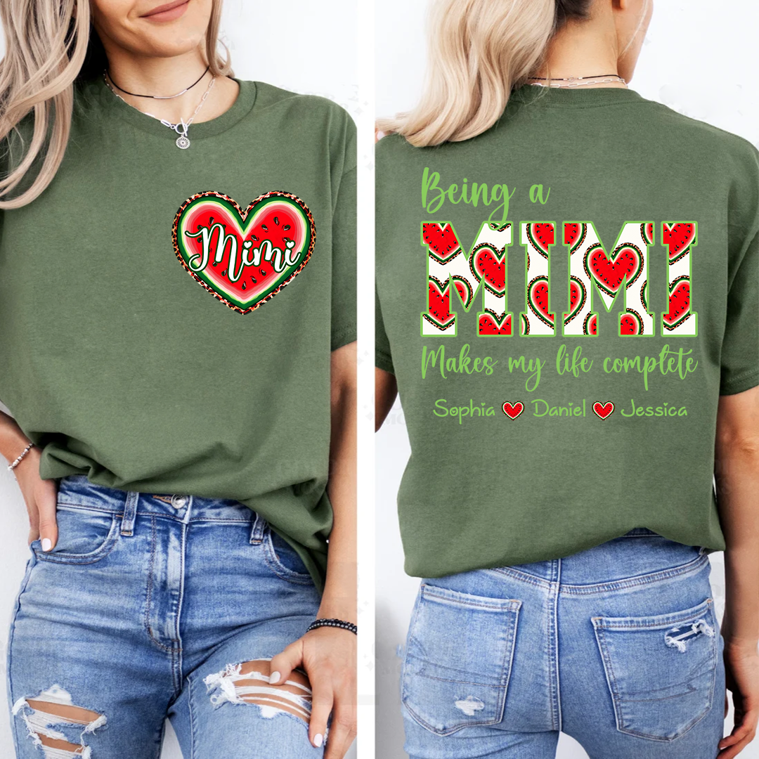Personalized Mimi Watermelon Heart Shirt, Custom Grandma Comfort Colors Tee with Grandkids Names, Being a Mimi Makes My Life Complete