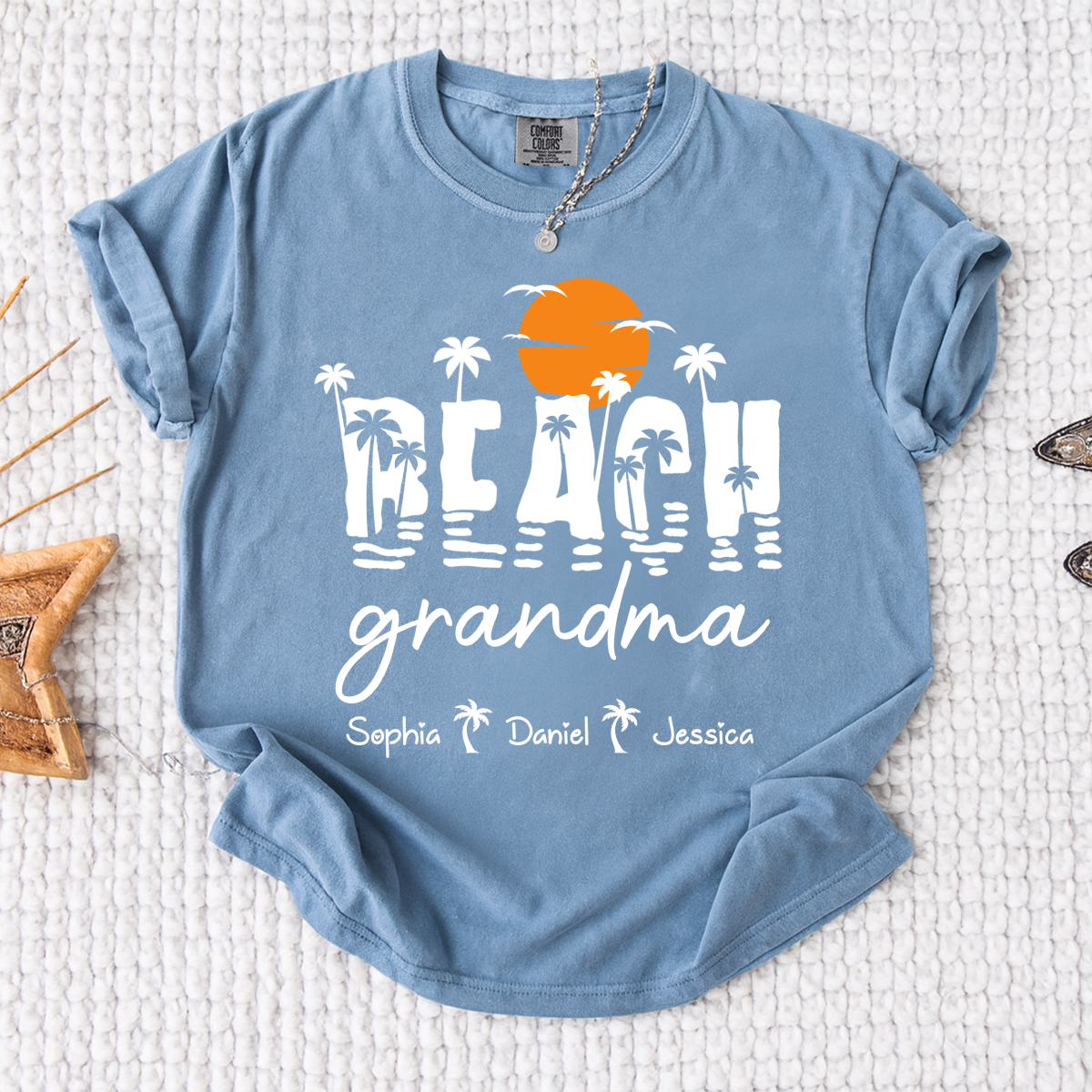 Comfort Colors Personalized Tropical Grandma Shirt – Custom Beach Sunset Palm Tree Tee with Grandchildren Names, Vacation Gift for Her