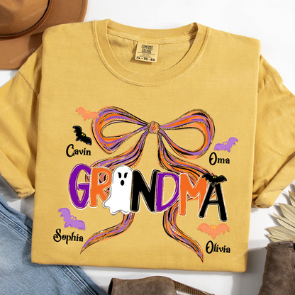 Comfort Colors® Personalized Halloween Grandma T-Shirt, Cute Ghost & Bat Design with Grandkids' Names