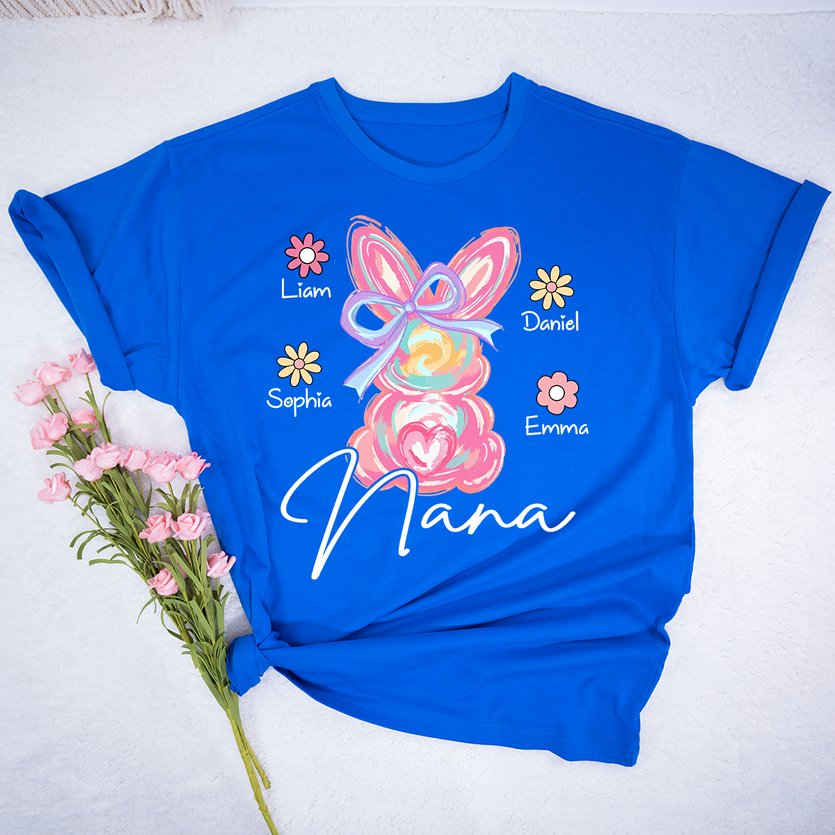 Custom Grandma T Shirt Bunny Design, Personalized Floral Shirt With Children Names