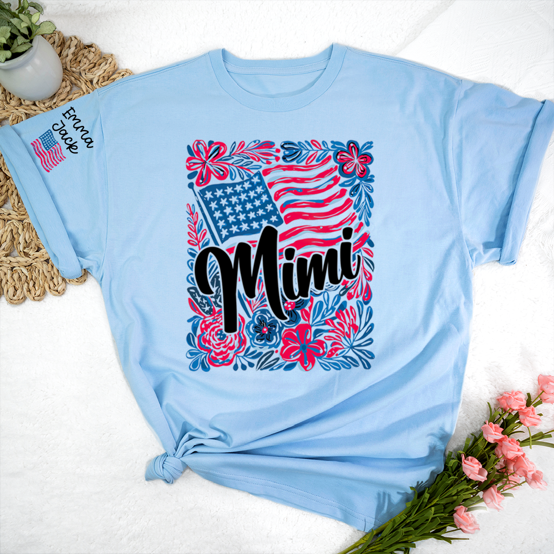 Mimi American Flag Floral Shirt, Custom Grandkids Names Family T Shirt