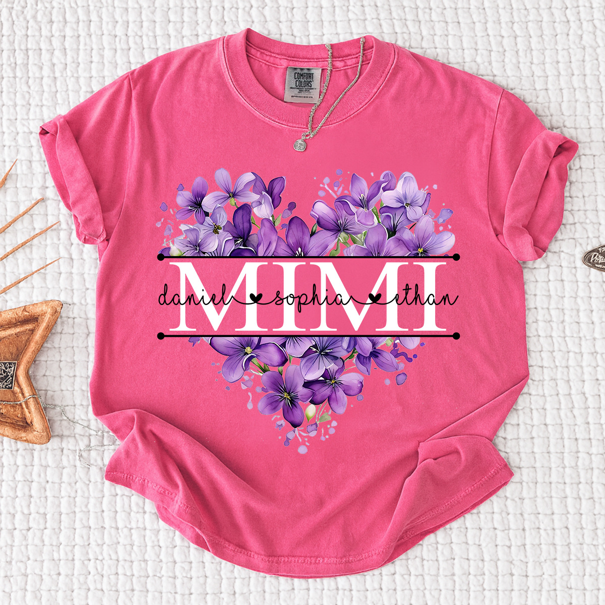 Comfort Colors Purple Floral Heart Mimi Shirt, Personalized Family Names and Violet Flower Design T Shirt
