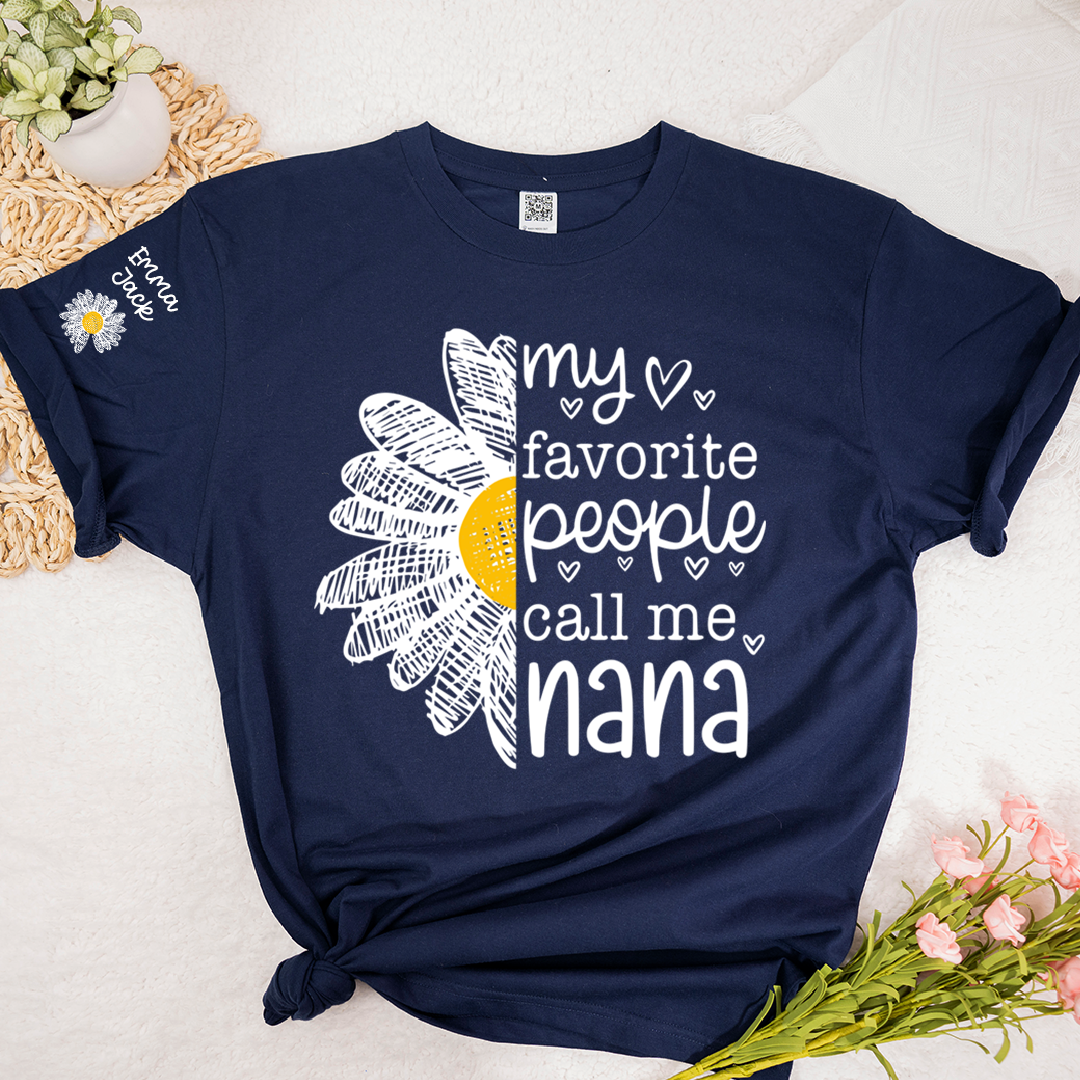 Personalized Nana Floral Shirt with Daisy and Sun Graphics, Custom Grandkids Names