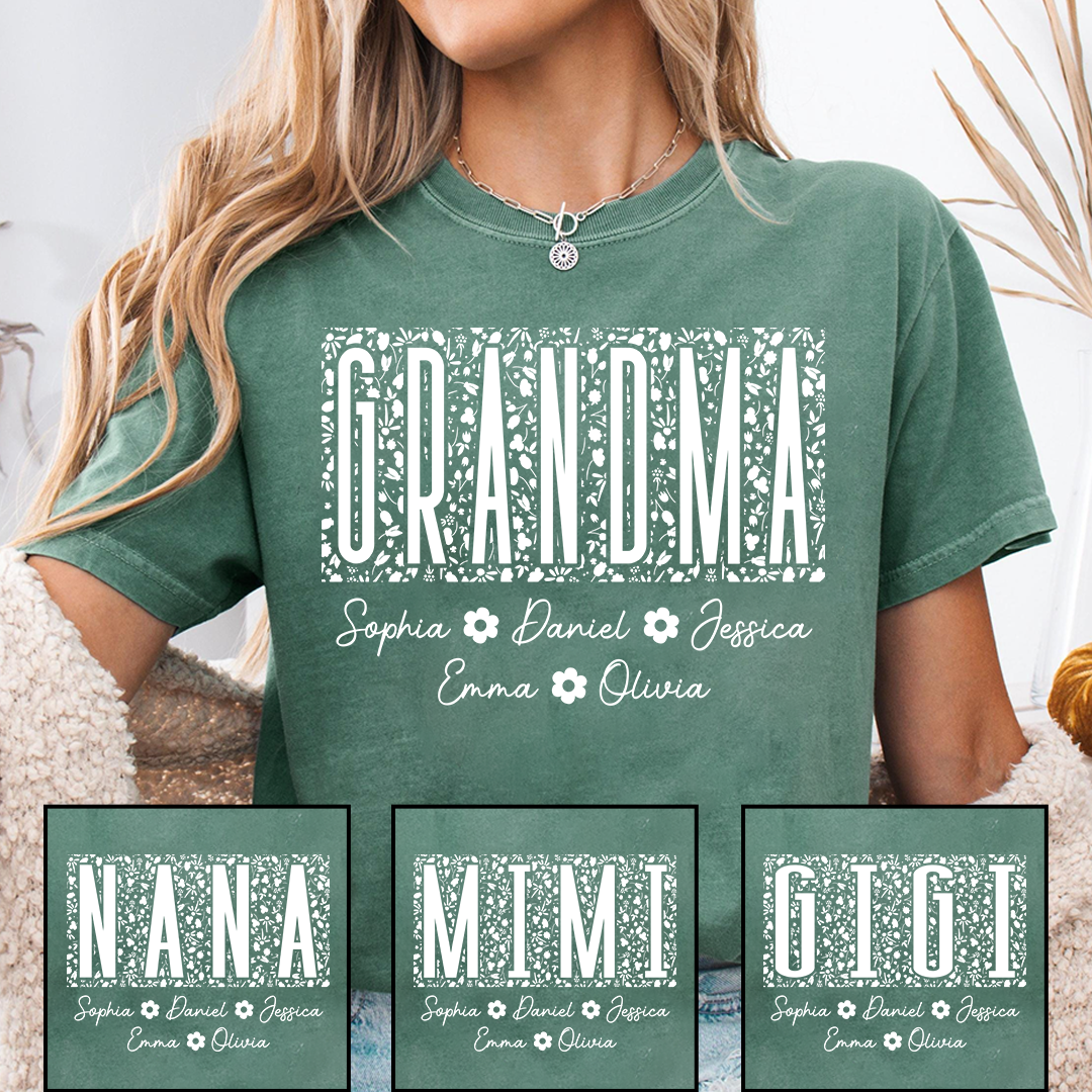 Custom Grandma Floral Shirt, Personalized Names of Grandchildren T Shirt, Meaningful Family Gift for Grandma