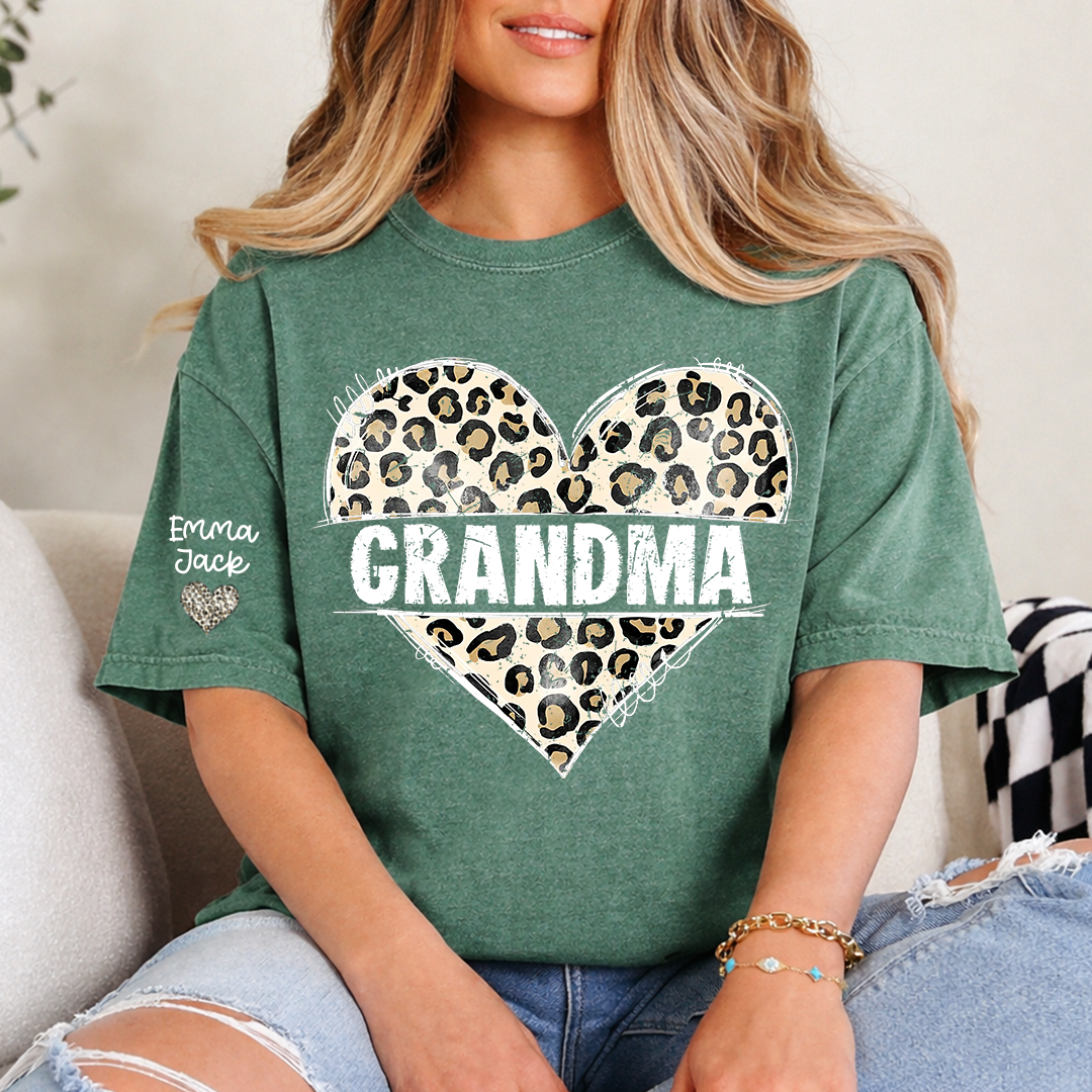 Leopard Heart Grandma Shirt, Personalized Grandkids Names Family T Shirt