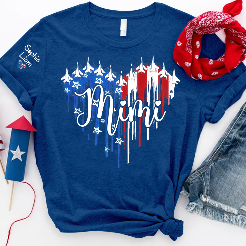 Custom Mimi Shirt with Dripping Flag, Personalized Family Names, American Flag Design, Patriotic Gift for Mimi