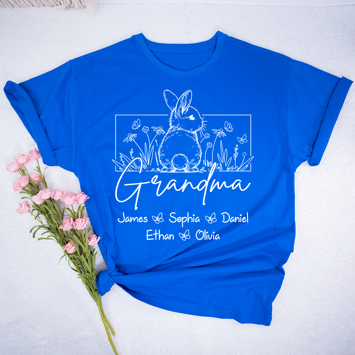 Personalized Grandma Bunny Shirt With Grandkids Names, Custom Easter Grandma Line Art T Shirt