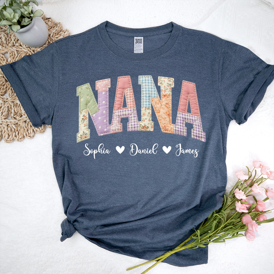Personalized NANA Shirt – Cute Patchwork Design with Names of Loved Ones, Perfect for Grandmother